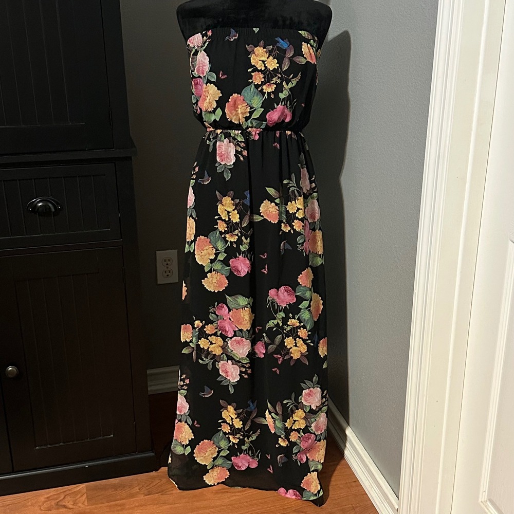 Forever 21 Strapless Floral Maxi Dress M Black Summer Boho‎ Cottagecore Coquette